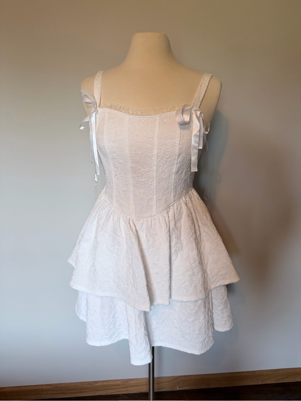 Trixxi White Tiered Lace Ribbon-Strap Dress